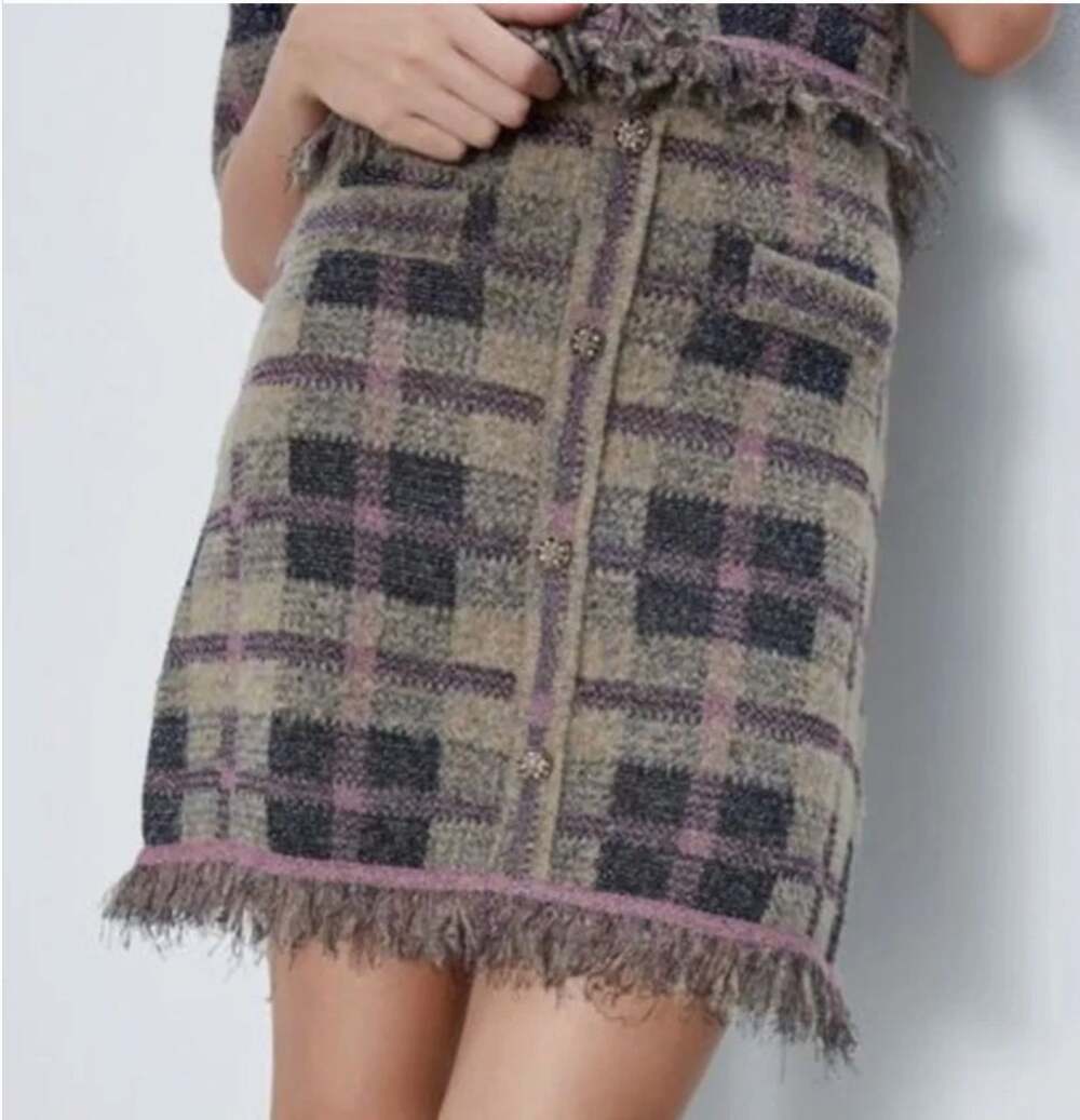 ZARA NWT Plaid Button Front Wool Blend Academia Skirt // L